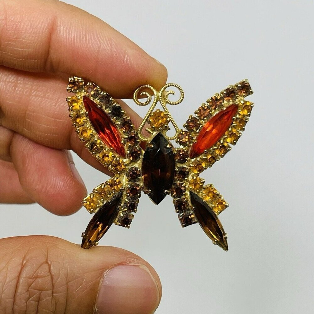 Gemstone Rhinestone Butterfly Brooch Pin Filigree Crystal Gem 3D Yellow Gold Red